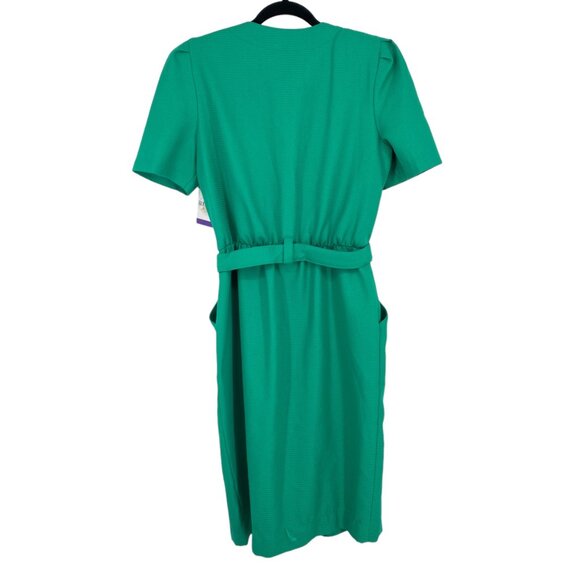 Vintage Peri Petites 80s Dress Kelly Green 14 Button Front Belted Pockets USA - Picture 2 of 12